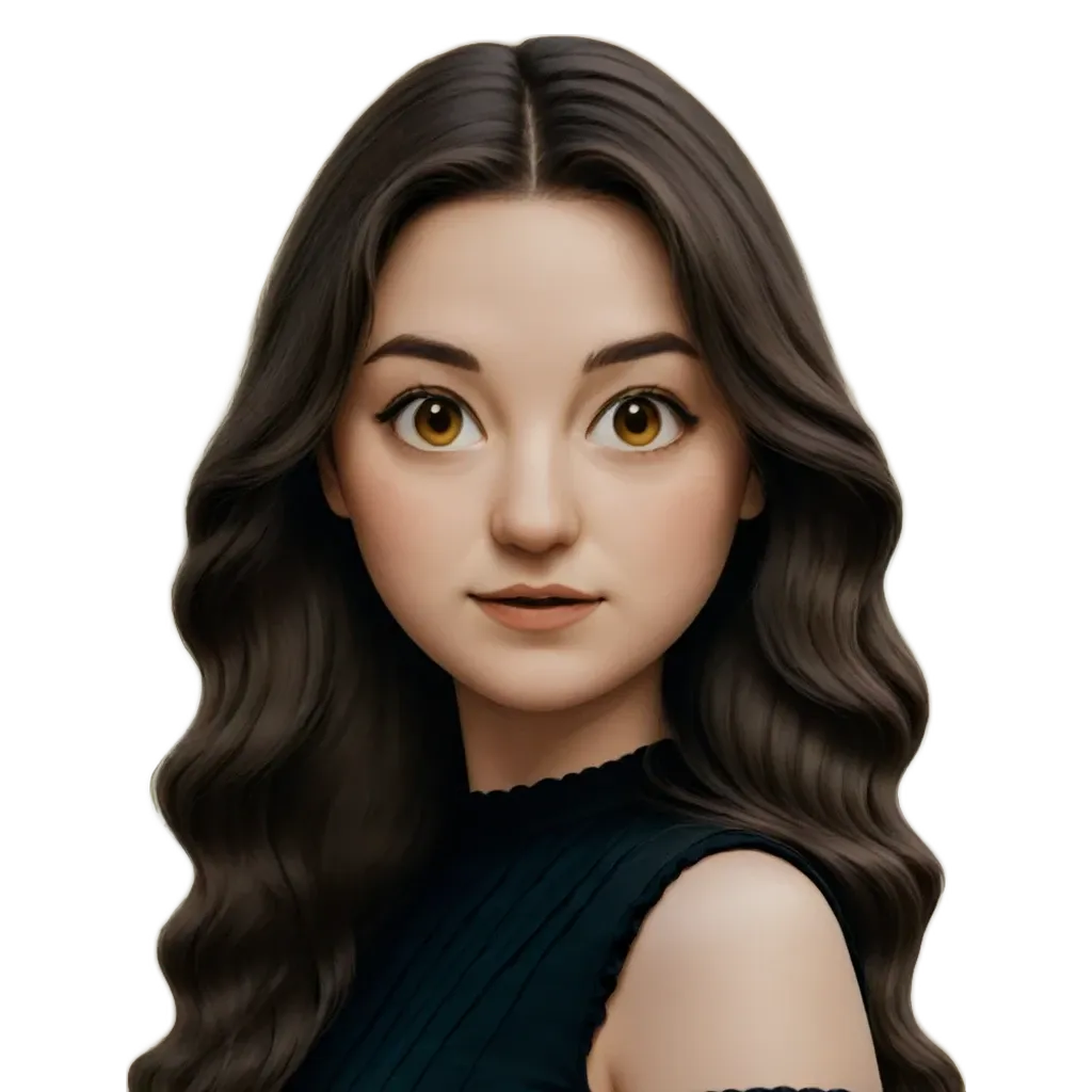 A girl with wavy hair that is painted in a cartoonish style.