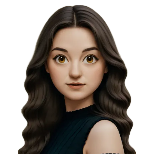 A girl with wavy hair that is painted in a cartoonish style.
