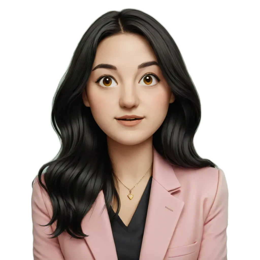A woman wearing a pink jacket and a black blouse.