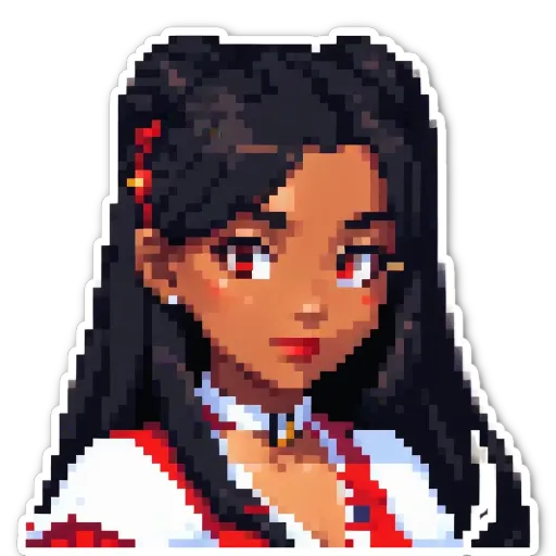 A girl in a white blouse with a red collar and black hair.