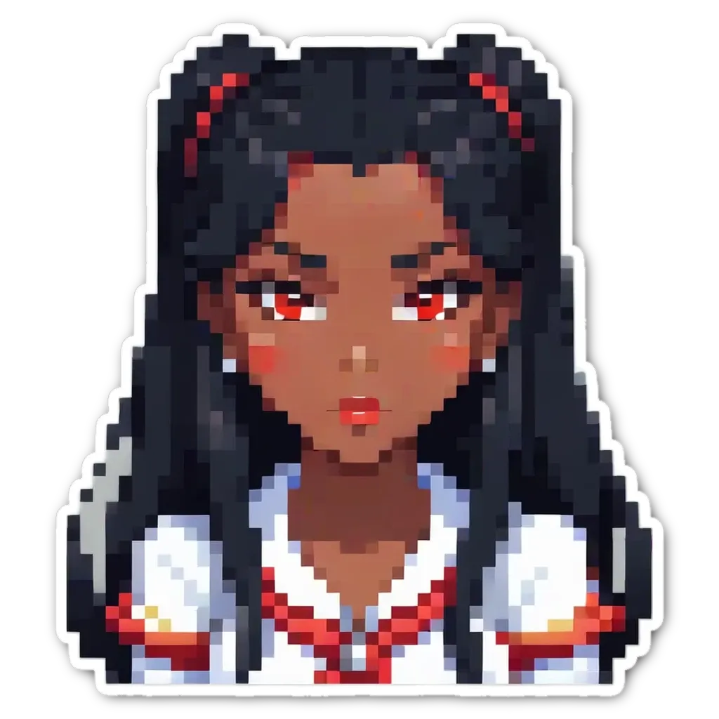 A girl with red eyes is wearing a white shirt.