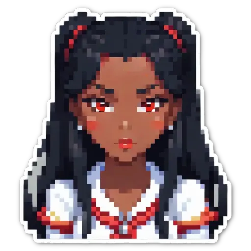 A girl with red eyes is wearing a white shirt.