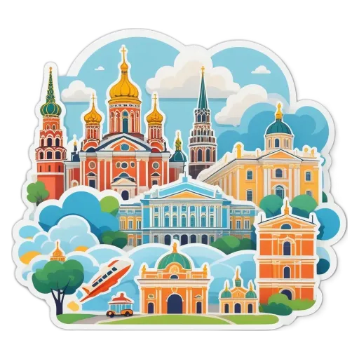 A colorful sticker of different types of buildings.