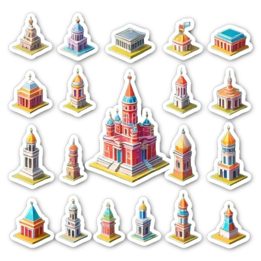 A set of different colored stickers depicting historical buildings.
