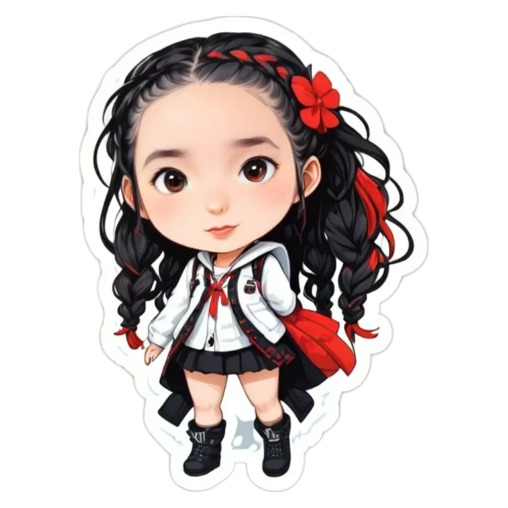 A girl with red and black hair in a white and black dress.