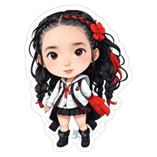 A girl with red and black hair in a white and black dress.