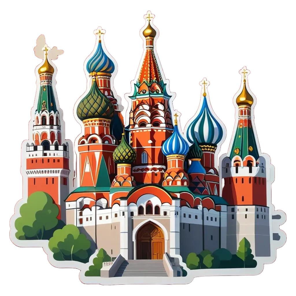 A sticker of a cathedral with the name Saint Basil's on it.