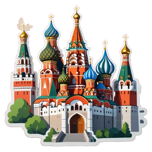 A sticker of a cathedral with the name Saint Basil's on it.