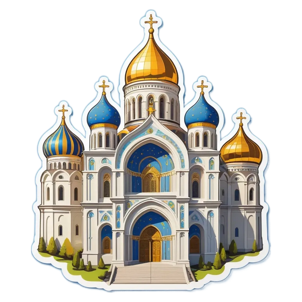 A sticker of a building with gold cross on it.