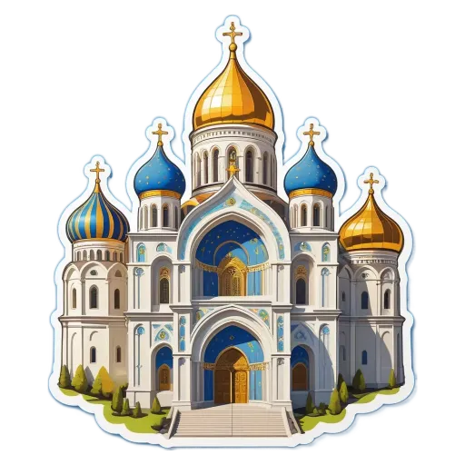 A sticker of a building with gold cross on it.