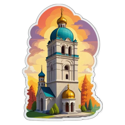 A colorful sticker of a church with a dome.