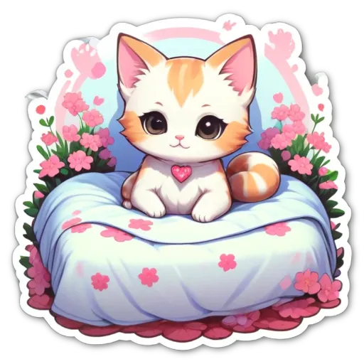 A cartoon cat sitting on a bed with a heart on it.