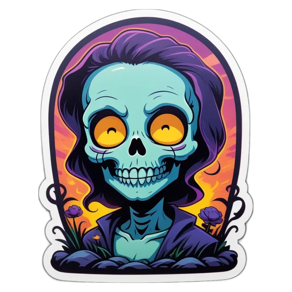 A skeleton with flowers is in front of a black background.