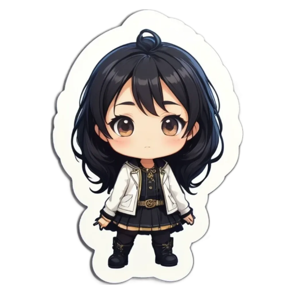 A girl with black hair standing in front of a white background.