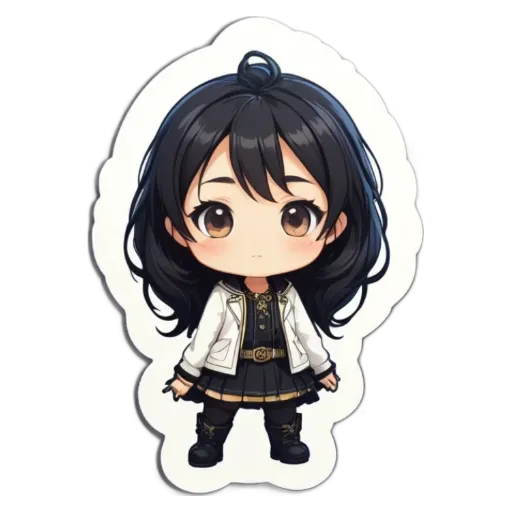 A girl with black hair standing in front of a white background.