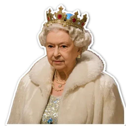 Queen Elizabeth II is wearing a white fur coat and a gold crown.
