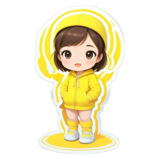 A yellow girl standing with her hands in her pockets.