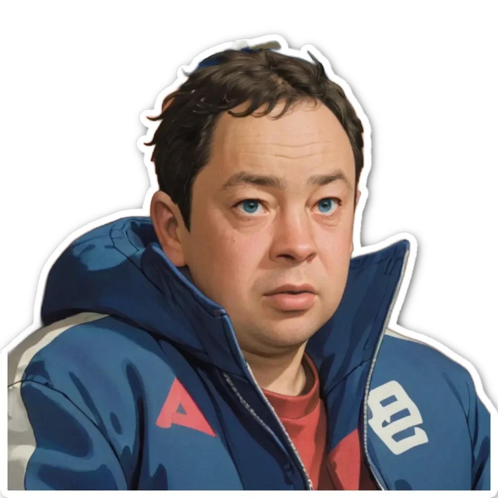 An art image of a man wearing a blue jacket with the letter E on the jacket.