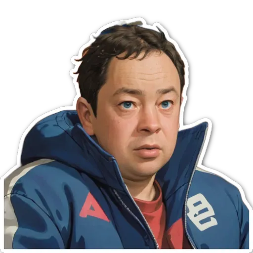 An art image of a man wearing a blue jacket with the letter E on the jacket.