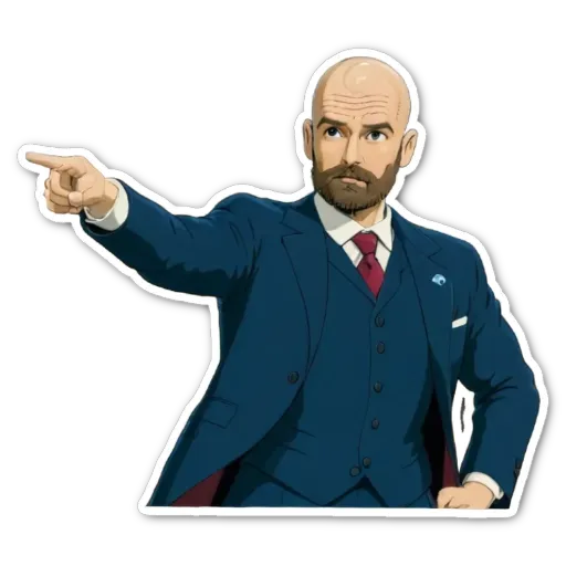 A sticker of a man pointing with a logo in the background.