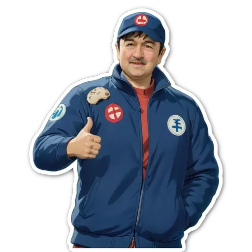 A man with a blue jacket and a red hat giving a thumbs up.