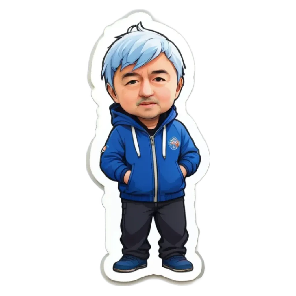 A blue character shape sticker of a man standing with his hands in his pockets.