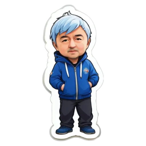 A blue character shape sticker of a man standing with his hands in his pockets.