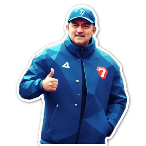 A man with a blue jacket with a 7 on it.