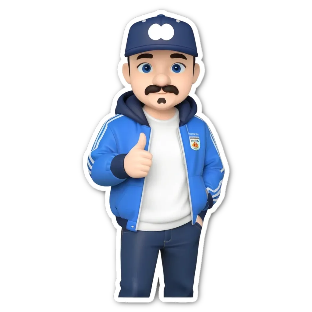A sticker of a man wearing a blue jacket and hat.