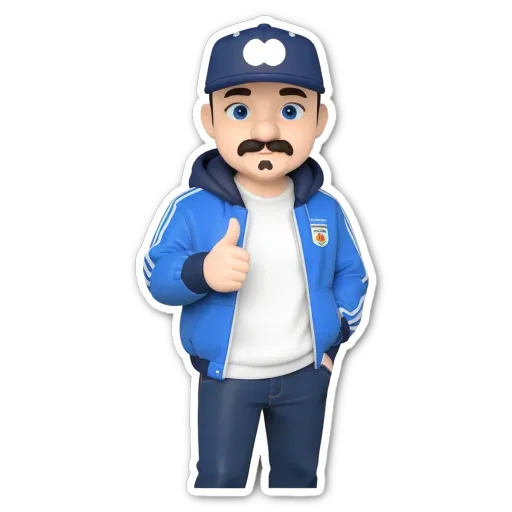 A sticker of a man wearing a blue jacket and hat.