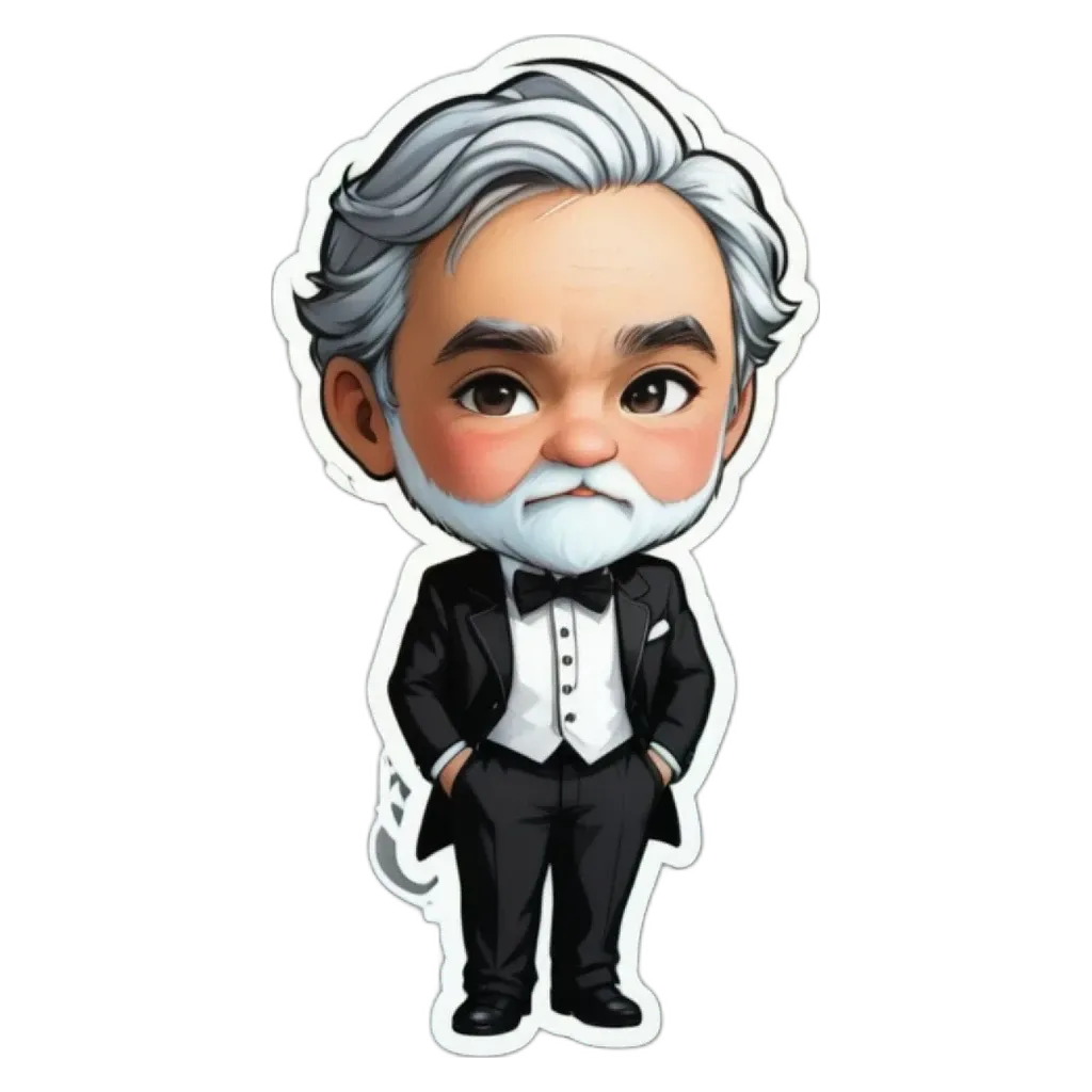 A cartoon depiction of a man wearing a tuxedo and standing with his hands in his pockets.