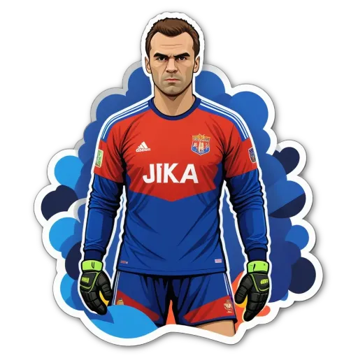 A drawing of a goalie wearing red and blue Jika uniform.