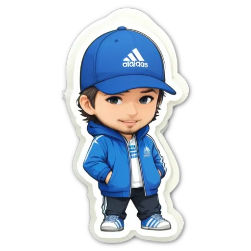 A cartoon boy wearing a blue adidas jacket and hat.