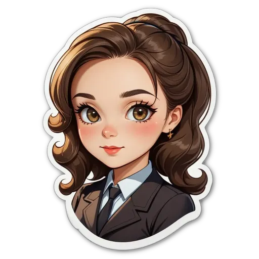 A sticker of a girl with brown hair and a tie.
