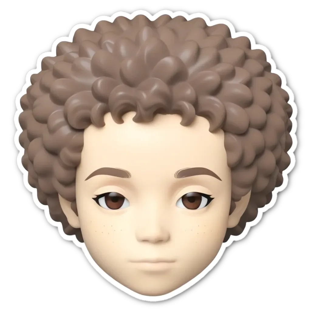 A sticker of a boy with curly hair in front of a black background.