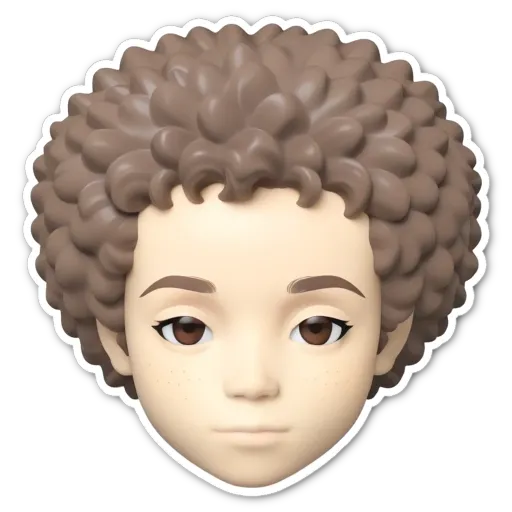 A sticker of a boy with curly hair in front of a black background.