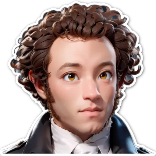 A sticker of a man with curly hair that is brown.