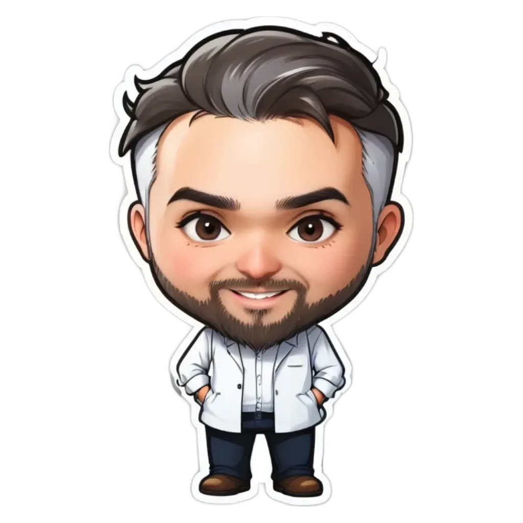 A sticker of a man with a beard and white coat.