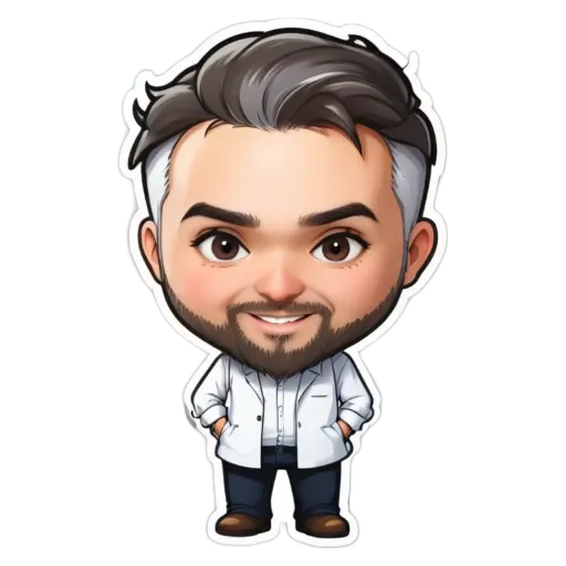 A sticker of a man with a beard and white coat.