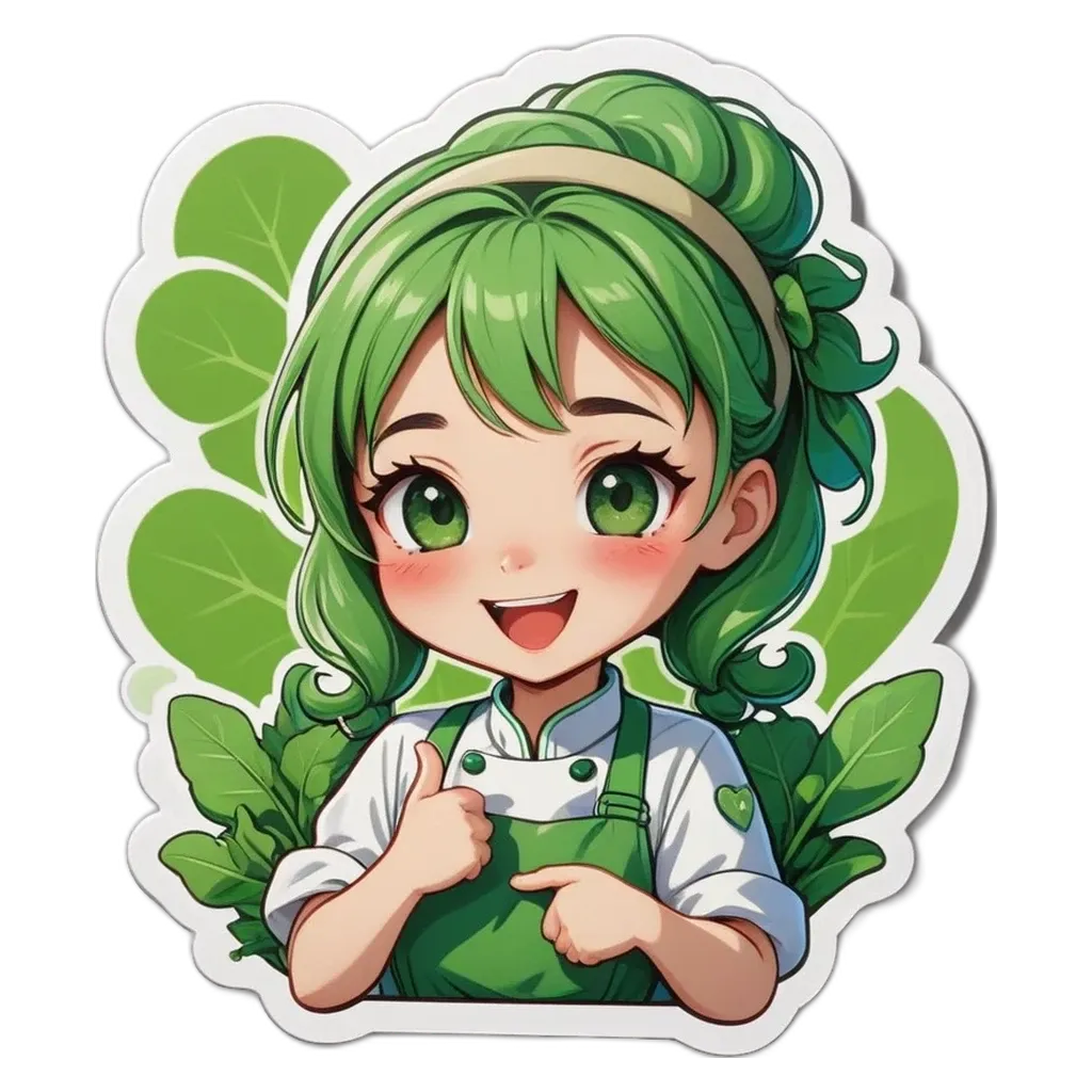 A girl wearing a green apron with a smile and a thumbs up.