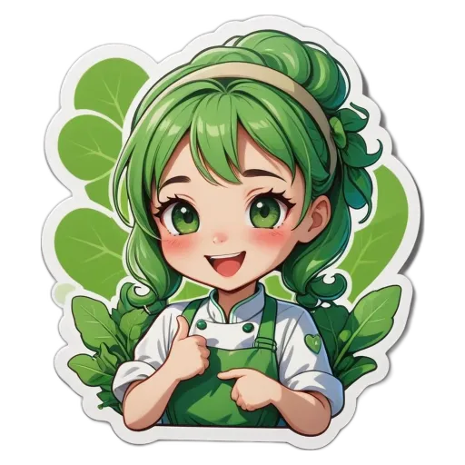 A girl wearing a green apron with a smile and a thumbs up.