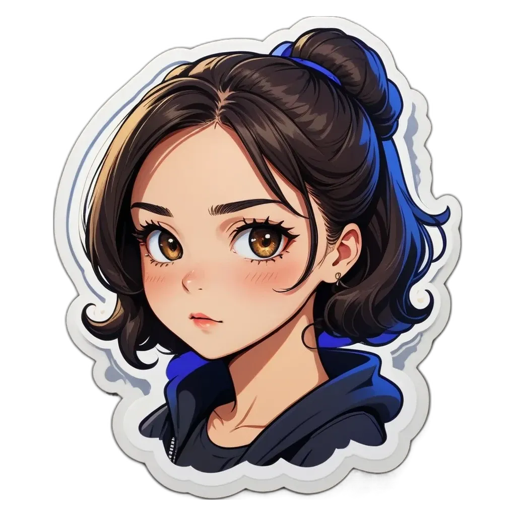 A girl with a black and blue hoodie sticker.