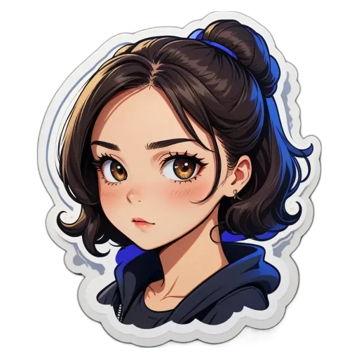 A girl with a black and blue hoodie sticker.