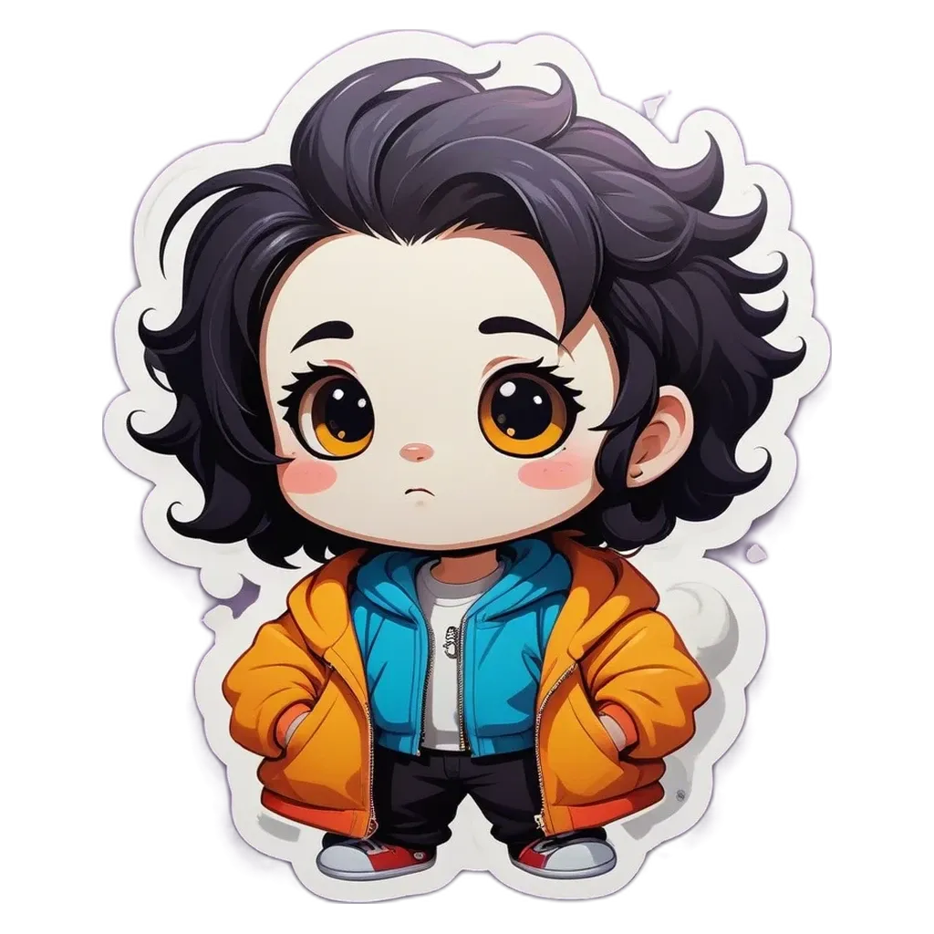 A girl with a blue jacket and black hair.