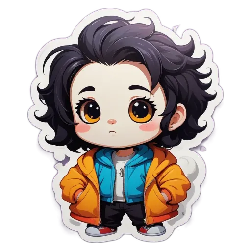 A girl with a blue jacket and black hair.