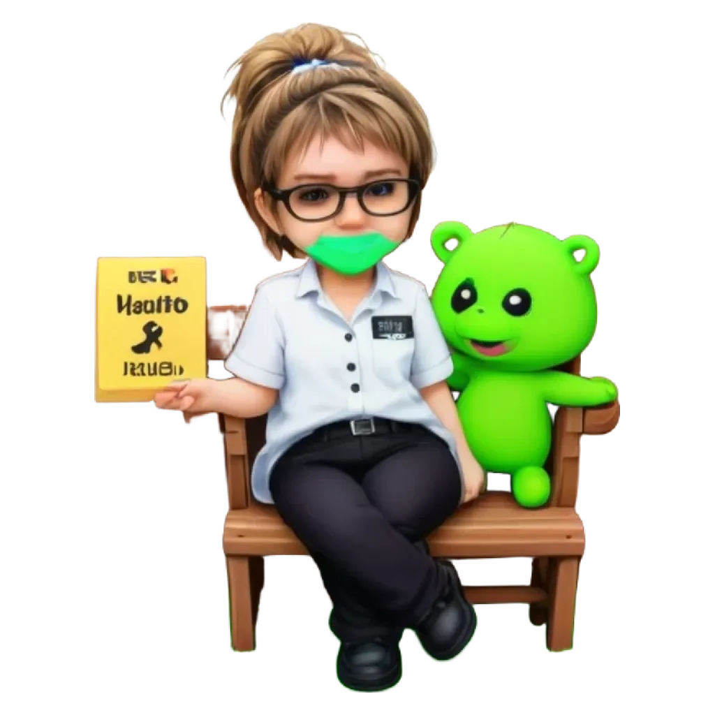 A girl wearing glasses and a mask that says cancer is sitting on a bench with a teddy bear.