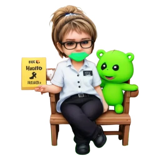 A girl wearing glasses and a mask that says cancer is sitting on a bench with a teddy bear.