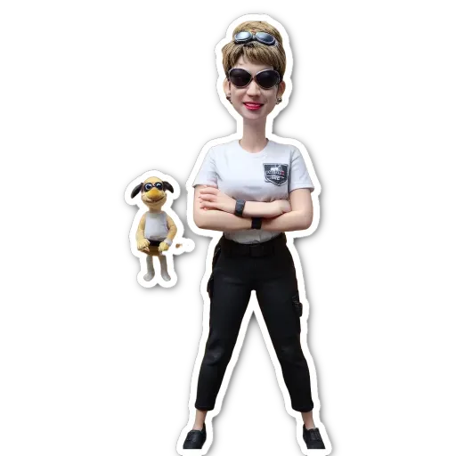 A woman and a dog sticker are on a black background.