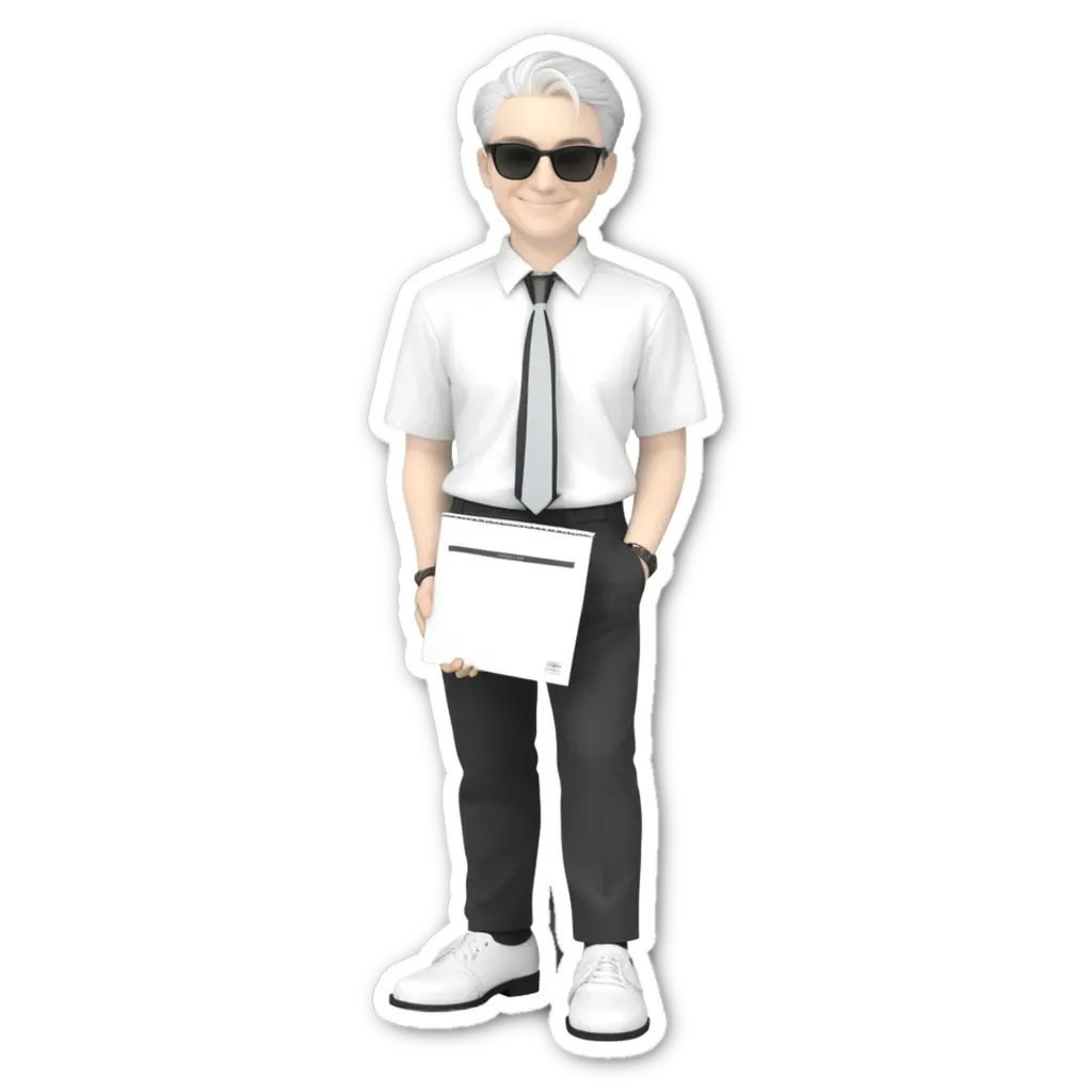 A sticker of a man wearing a tie and a shirt holding a piece of paper.