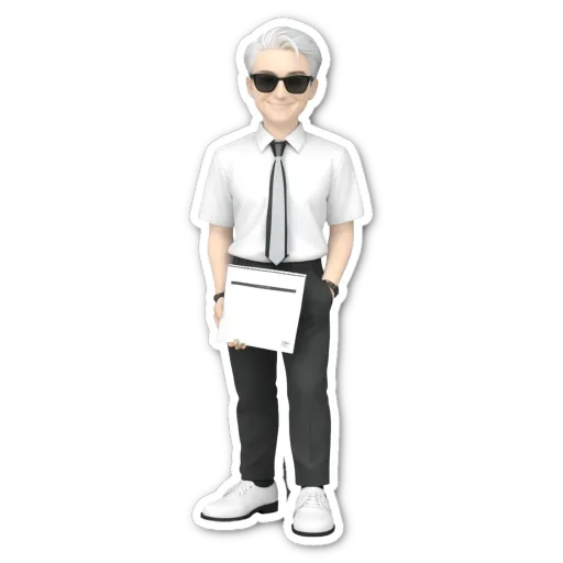 A sticker of a man wearing a tie and a shirt holding a piece of paper.